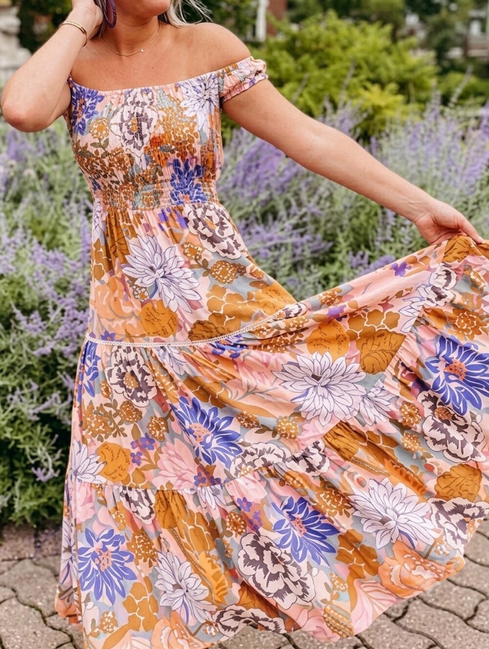 Abel The Label Off-Shoulder Floral Maxi Sun Dress Peach & Lavender XS